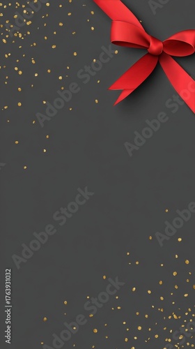 Elegant Red Ribbon With Golden Confetti on Gray Background for Festive Celebr...