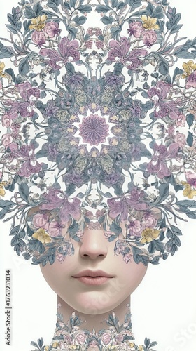 Floral Patterns Blend With a Serene Face Showcasing Artistic Creativity and B...