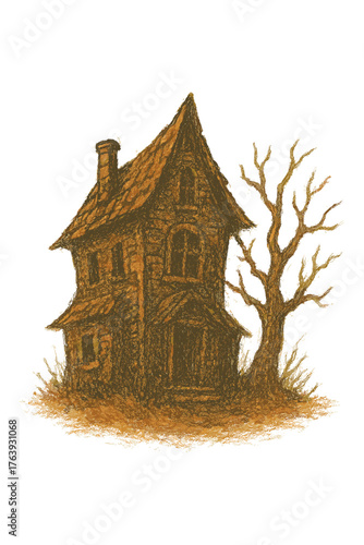 Creepy old house, spooky mood, haunted structure with a barren tree, eerie atmosphere, copy space