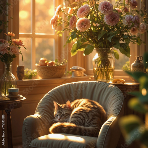 A cozy interior scene with a tabby cat resting on a plush chair