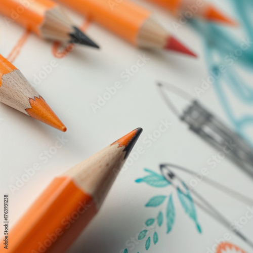 Orange colored pencils arranged on a drawing sheet with green and orange sketches. Scene highlights art supplies and creativity