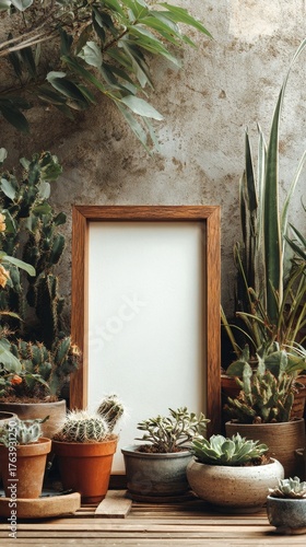 Display of Assorted Succulents and Plants in Pots Beside a Wooden Frame on a ...