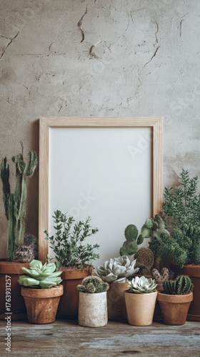 Succulent Arrangements in Terracotta Pots Beside a Blank Wooden Frame in a Co...