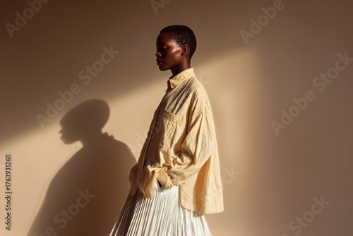 Fashion Model Posing Elegantly in a Flowy Skirt and Oversized Shirt