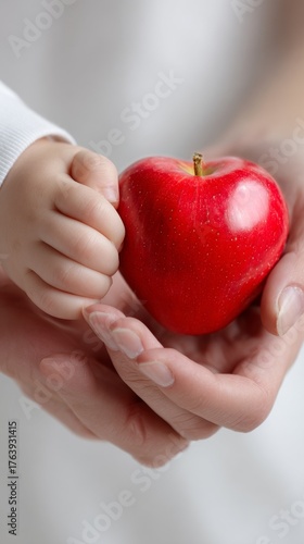 Bright Red Apple Held Gently in Hands Against a Soft, Neutral Background