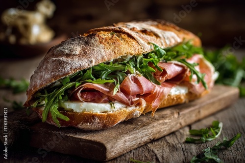 Freshly Made Sandwich on Wooden Board With Greens and Ham