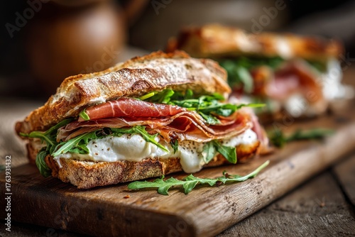 Delicious Sandwich With Fresh Ingredients Served on Rustic Wooden Board