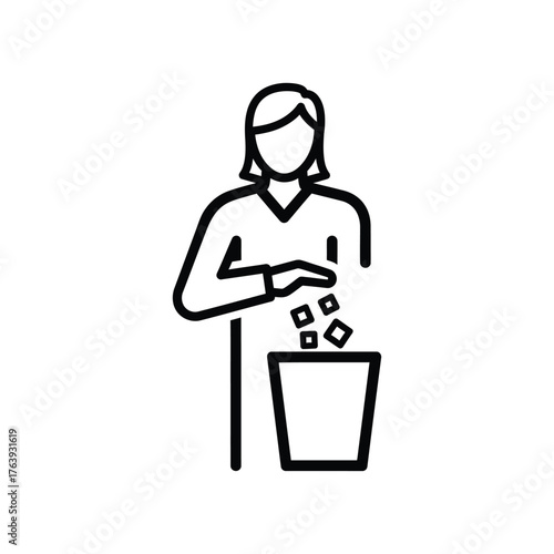 Woman throwing trash in a bin icon waste disposal garbage recycle environment clean litter rubbish container dump symbol outline vector