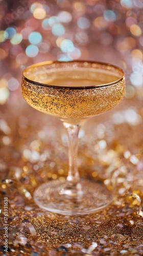 Sparkling Golden Cocktail in an Elegant Glass Against a Shimmering Backdrop