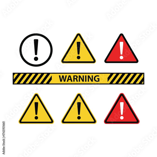 Warning signs and symbols set danger hazard caution alert attention exclamation mark triangle yellow red safety risk precaution
