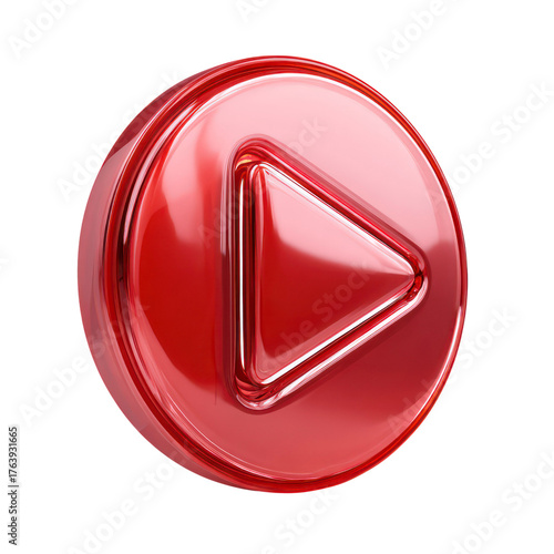 3D Glossy Red Play Button Icon isolated on transparent background