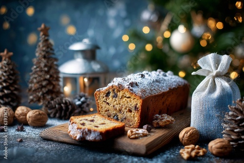 Freshly Baked Loaf With Nuts and Chocolate Displayed Near Festive Decorations...