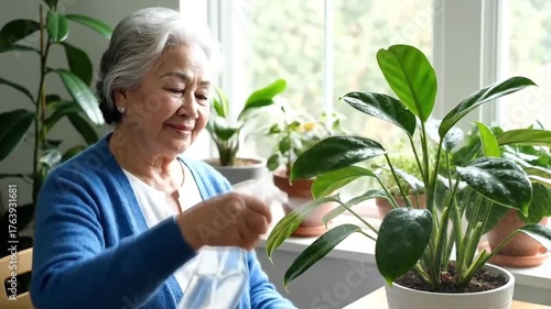 Elderly woman caringly tending to houseplants spraying leaves with sprayer in atmosphere of home coziness and attentive care.