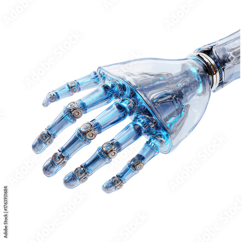 3D Glossy Robotic Hand with Blue Light isolated on transparent background