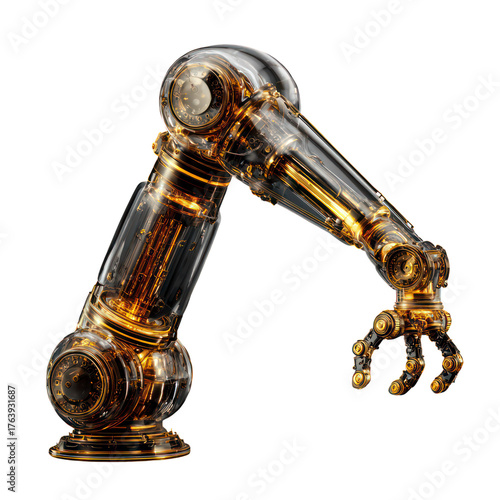 3D Glossy Robotic Arm with Golden Glow isolated on transparent background