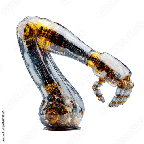 3D Glossy Robotic Arm with Golden Glow isolated on transparent background