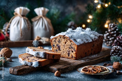 Freshly Baked Loaf With Nuts and Chocolate Displayed Near Festive Decorations...