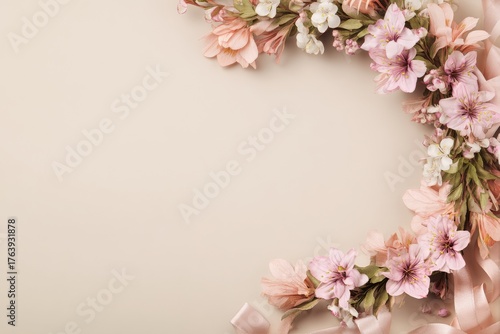 Beautiful Floral Crown With Pink Flowers and Satin Ribbon on a Soft Background