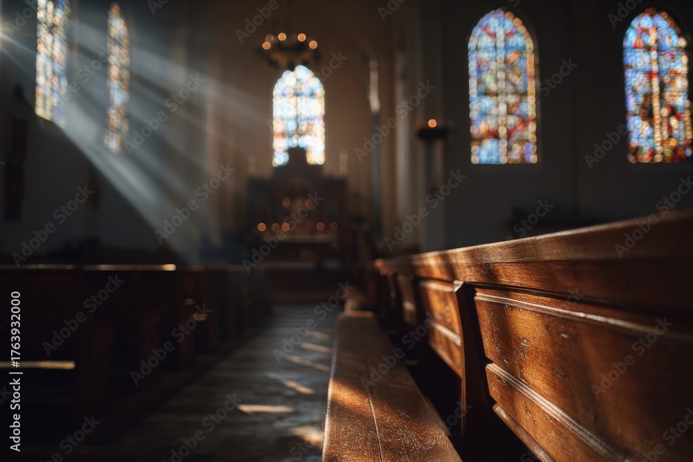 Fototapeta premium Sunlight Filters Through Stained Glass in an Empty Church During Early Morning Hours