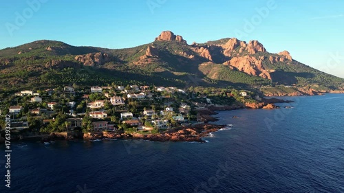 Massif de L'Esterel on the Mediterranean coast between Cannes and Saint-Raphael, featuring dramatic mountains, stunning coastline, and luxurious villas overlooking the sea