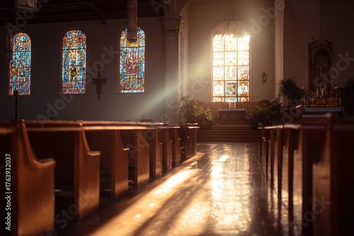 Sunlight Filters Through Stained Glass in an Empty Church During Early Mornin...