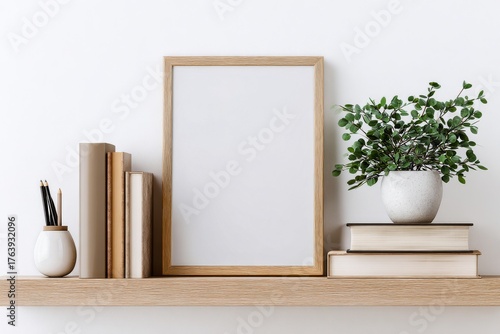 Modern Shelf Display With Books, Plants, and Decorative Vases in a Bright Set...