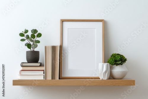 Modern Shelf Display With Books, Plants, and Decorative Vases in a Bright Set...