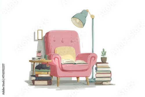 Cozy Reading Nook With a Cat and Stacked Books in a Soft Living Room Setting