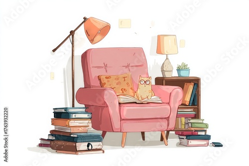 Cozy Reading Nook With Pink Armchair and Owl Surrounded by Books in a Bright ...