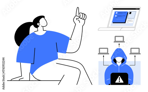 Person pointing upward, computer screen with login form, hooded figure at laptop with alert, web interface. Ideal for cybersecurity, technology awareness, hacking prevention, online safety, digital