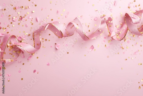Festive Pink Background With Ribbons and Confetti for Celebration or Party De...