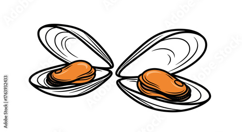 Open seashells with mussels in bold outline style