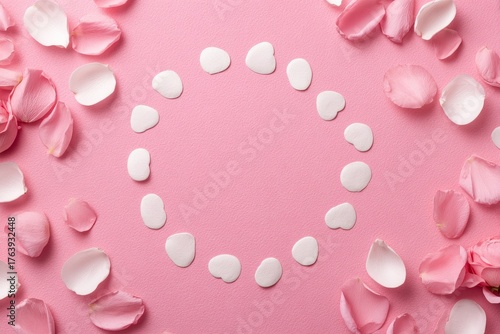 Elegant Circle Frame Surrounded by Pink Rose Petals on Soft Pink Background