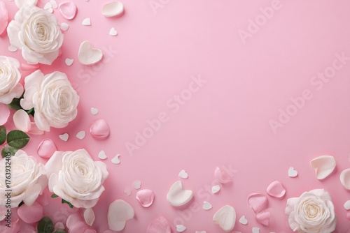Beautiful White Roses With Heart-Shaped Petals on a Soft Pink Background