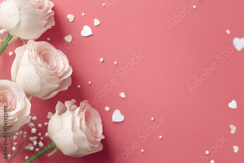 Beautiful White Roses With Heart-Shaped Petals on a Soft Pink Background