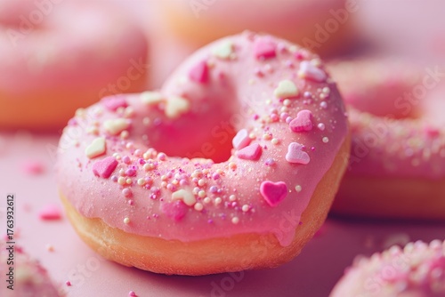 Sweet Heart-Shaped Donuts With Pink Frosting and Sprinkles for a Celebration