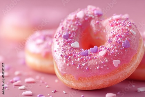 Sweet Heart-Shaped Donuts With Pink Frosting and Sprinkles for a Celebration