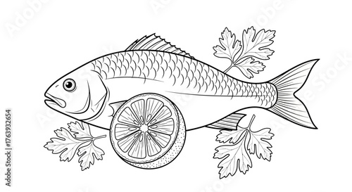 Detailed fish with lemon slice and herbs in black and white outline