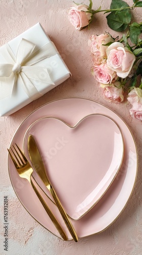 Elegant Heart-Shaped Plate With Gold Cutlery and a Gift Beside Roses