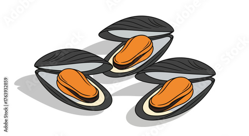 Cartoon mussel trio with shadow on white background
