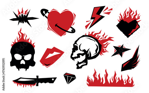 Rock Roll elements isolated on white. Tattoo elements.Vector illustration.