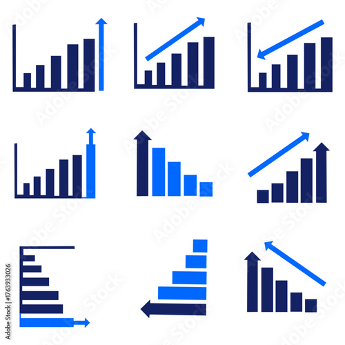 Business Growth Graphics: Dynamic visual representing financial performance through upward and downward trending bar graphs with an arrow that show market fluctuations