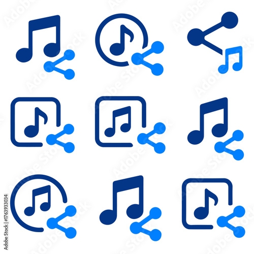 A collection of various musical notes paired with sharing symbols, representing the concept of audio distribution and content dissemination.