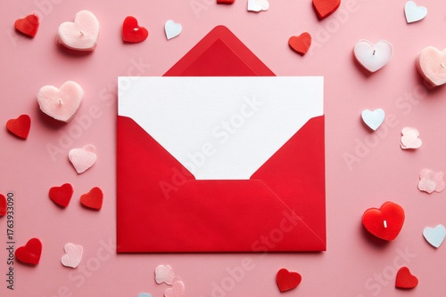 Red Envelope Surrounded by Heart Shapes and Candles Creates a Romantic Atmosp...