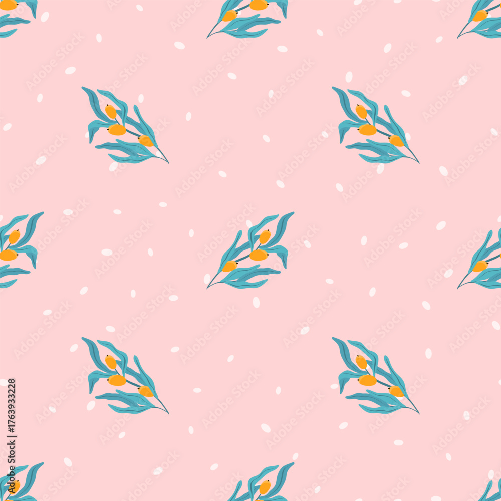 Fototapeta premium Seamless sea buckthorn pattern with orange berries and branches. Perfect for textiles, fabric, wallpaper, and holiday wrapping