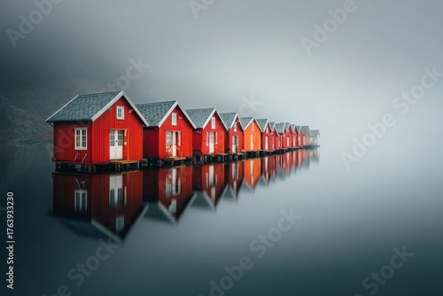 Row of Red Houses Along a Calm Lake During Early Morning Mist