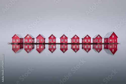 Red Houses Reflecting in Calm Water Under Foggy Sky in a Serene Landscape