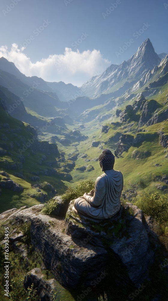 Fototapeta premium Serene Buddha Statue Surrounded by Mountains and Greenery in Peaceful Landscape