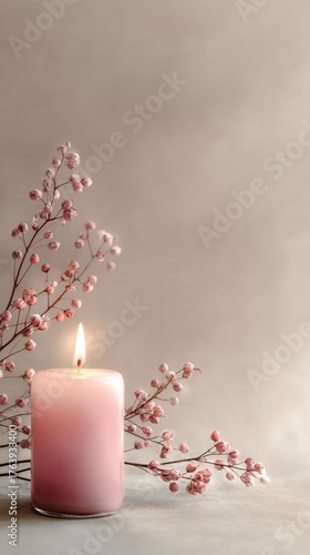Soft Candlelight With Pink Flowers Creates a Calm Atmosphere for Relaxation a...