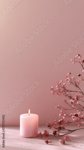 Soft Candlelight With Pink Flowers Creates a Calm Atmosphere for Relaxation a...